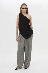 Front view CAMILLA AND MARC Eon Top in Black with a draped asymmetric silhouette.