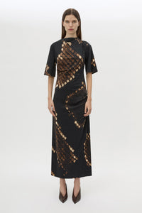 Front styled view CAMILLA AND MARC Ephyra Midi Dress in Ephyra Print with short sleeves and a draped silhouette. 