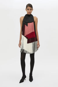 Front view CAMILLA AND MARC Evara Fringe Mini Dress with multicoloured layered satin fringe and high neckline.