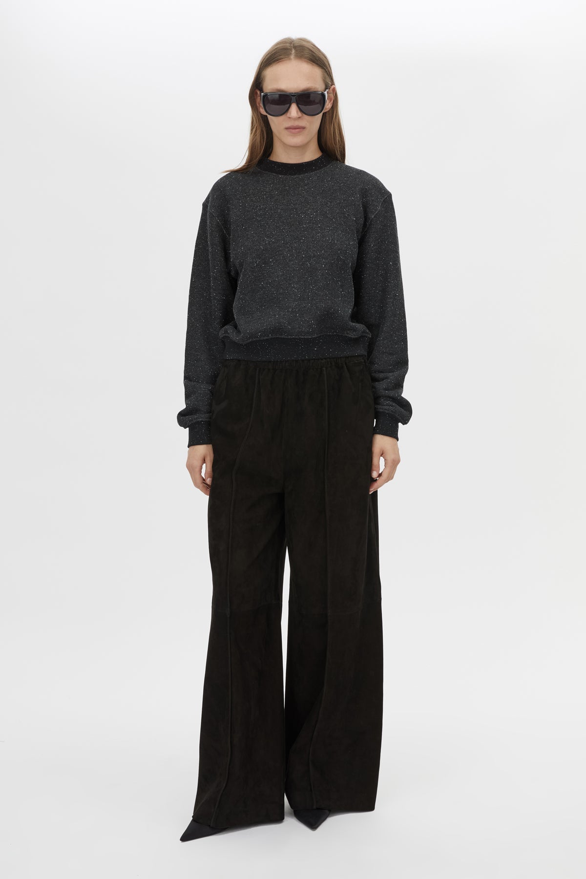 Front view CAMILLA AND MARC Everett Sweater in Black with cropped speckled fleece and relaxed turtle‑neck silhouette. 