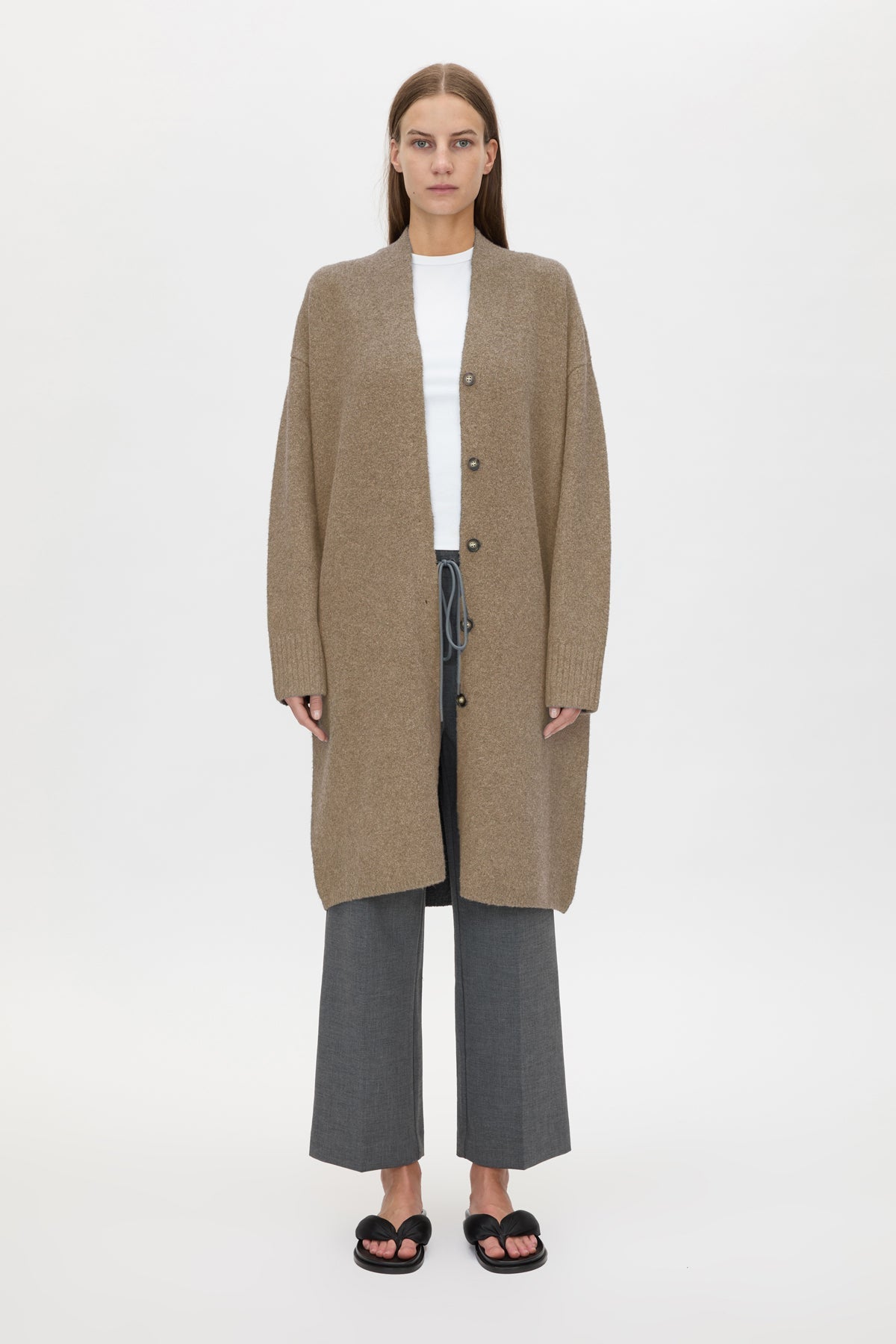Front view CAMILLA AND MARC Francis Knit Long Cardigan in Caramel with rib front button placket.