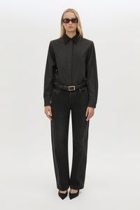 Styled view CAMILLA AND MARC Genre Gingham Long-Sleeve Shirt in Steel Grey with contrast collar.
