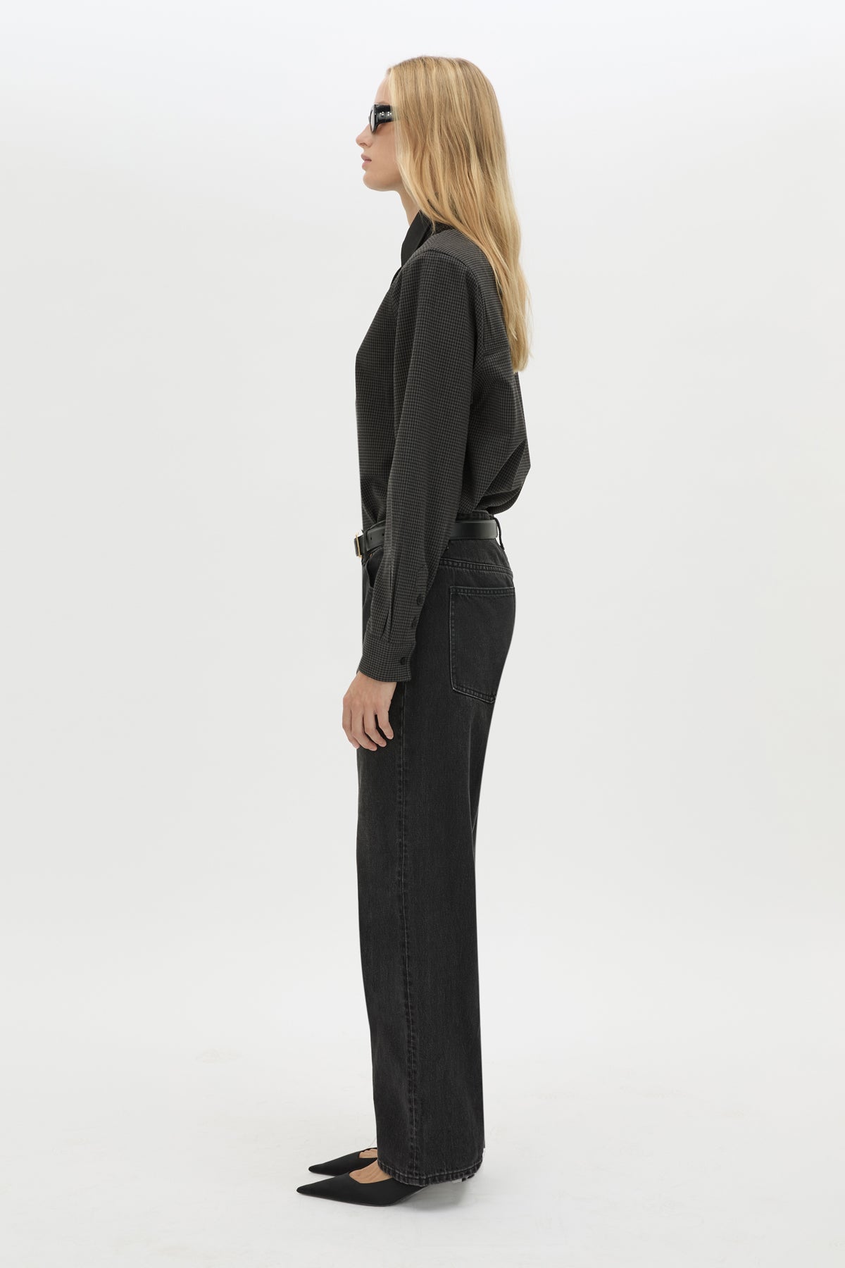 Side view CAMILLA AND MARC Genre Gingham Long-Sleeve Shirt in Steel Grey with contrast collar.