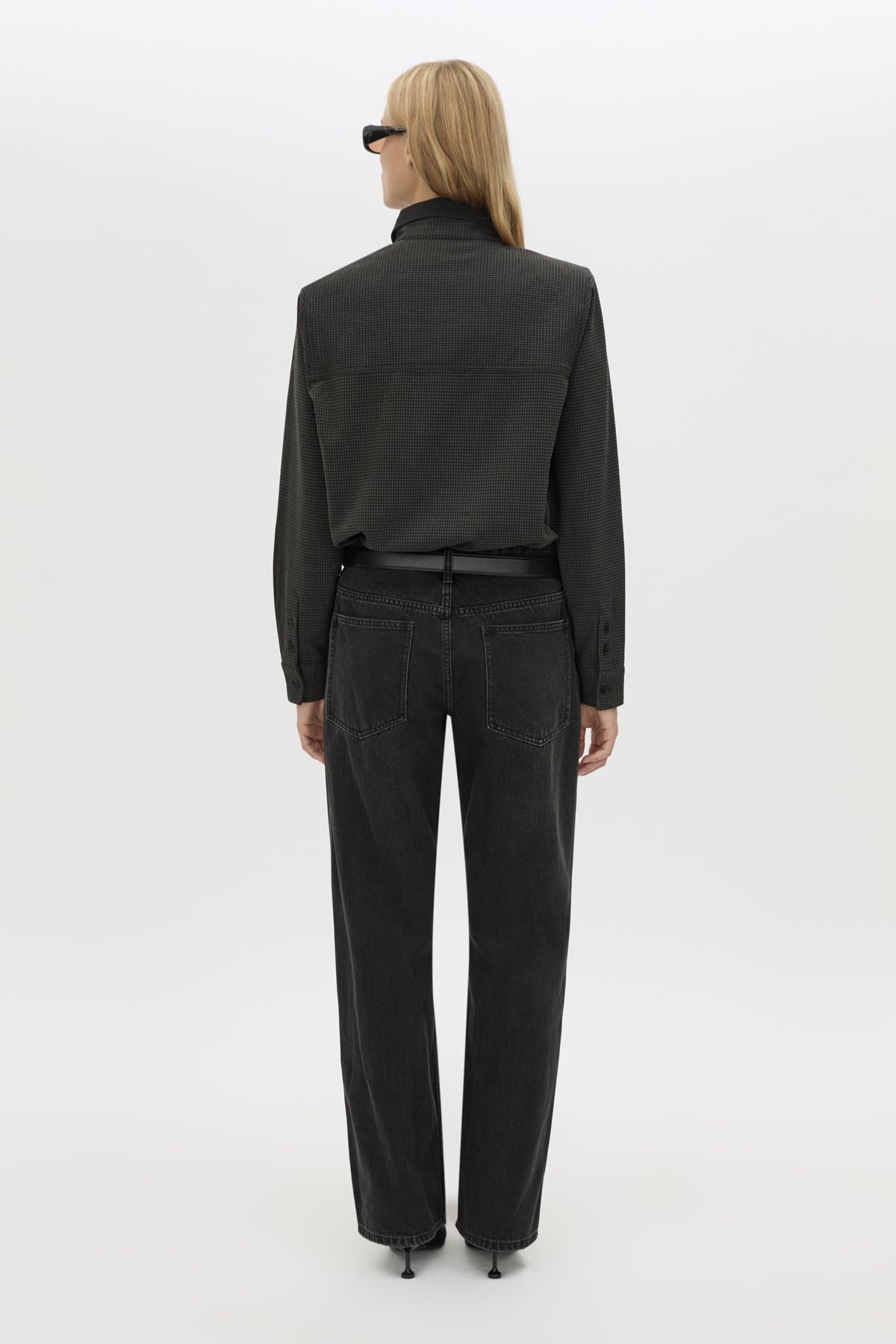 Back view CAMILLA AND MARC Genre Gingham Long-Sleeve Shirt in Steel Grey with contrast collar.