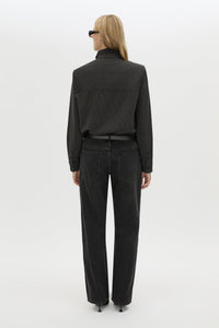 Back view CAMILLA AND MARC Genre Gingham Long-Sleeve Shirt in Steel Grey with contrast collar.