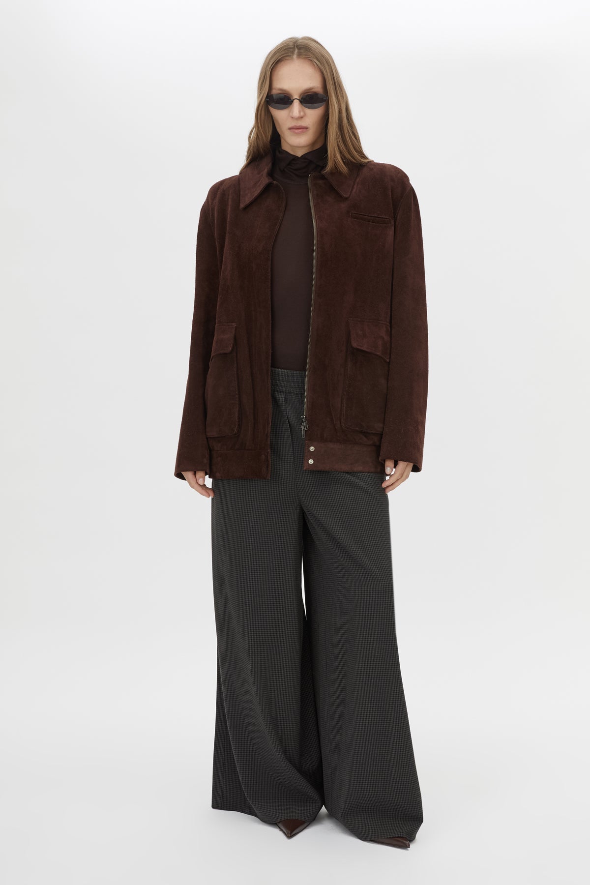 Front view CAMILLA AND MARC Genre gingham soft suiting pant in grey with elasticated waistband.