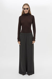 Front styled view CAMILLA AND MARC Genre gingham soft suiting pant in grey with elasticated waistband.