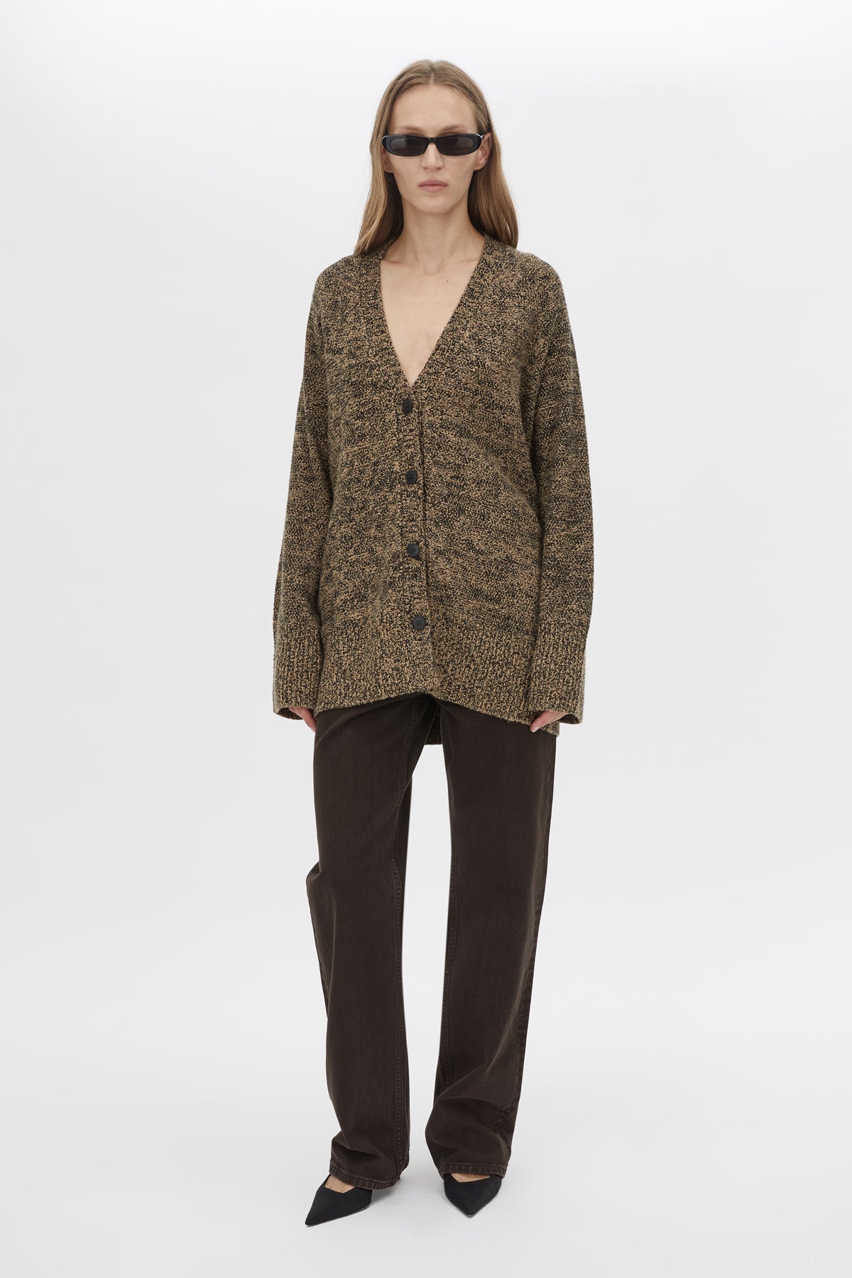 Front View CAMILLA AND MARC Hal Knit Boyfriend Cardigan in honey black with V neck and button front.
