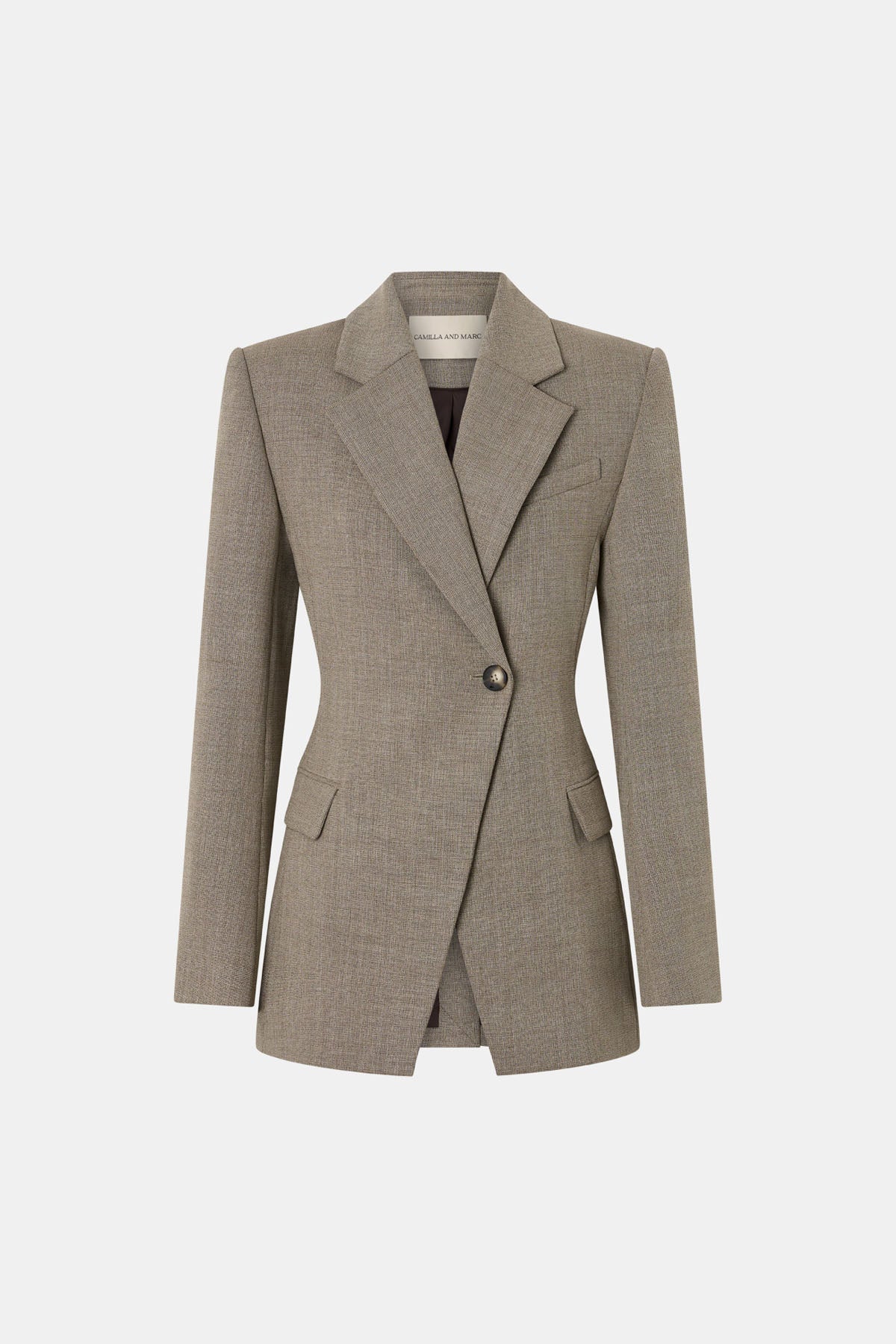 Ghost view CAMILLA AND MARC Halden Fitted Contour Blazer in Taupe with overlapped closure, crafted in Turkish twill.