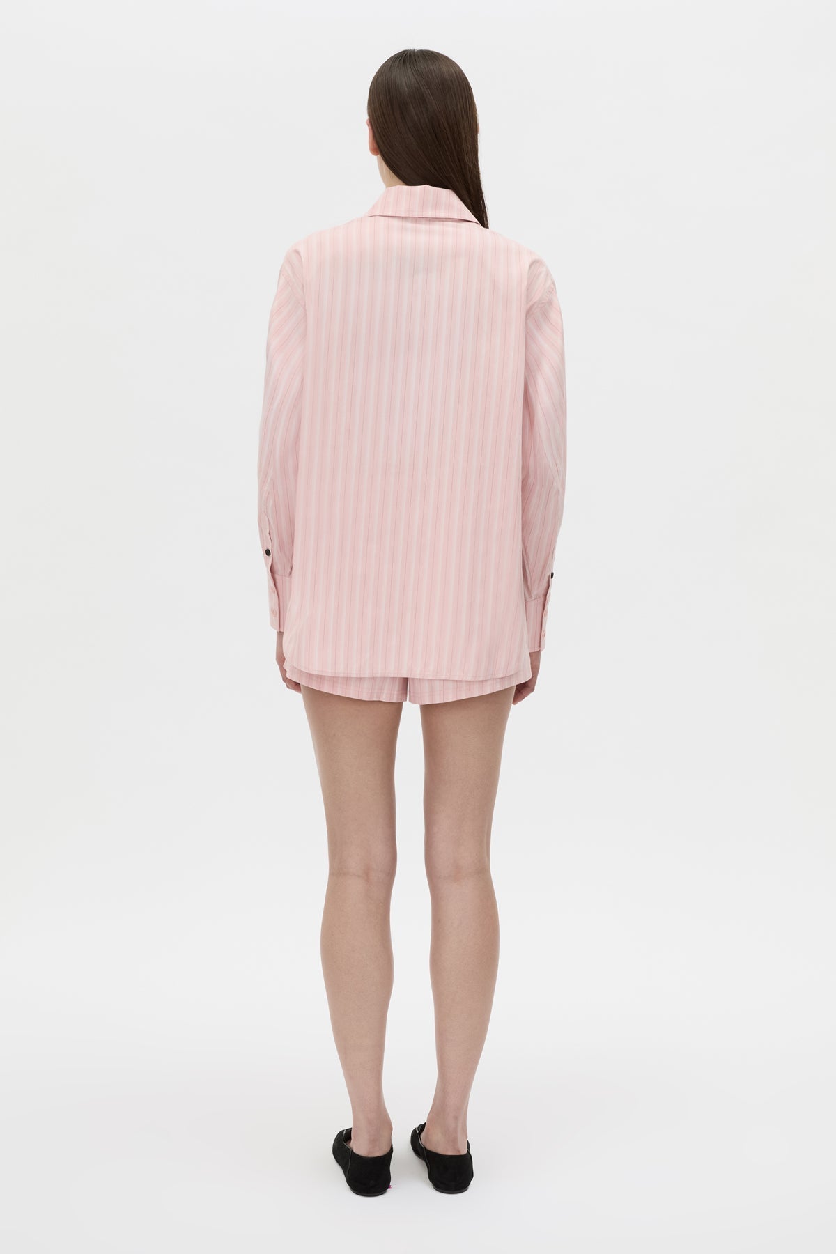 Back view CAMILLA AND MARC Jenie stripe shirt in light rose stripe.