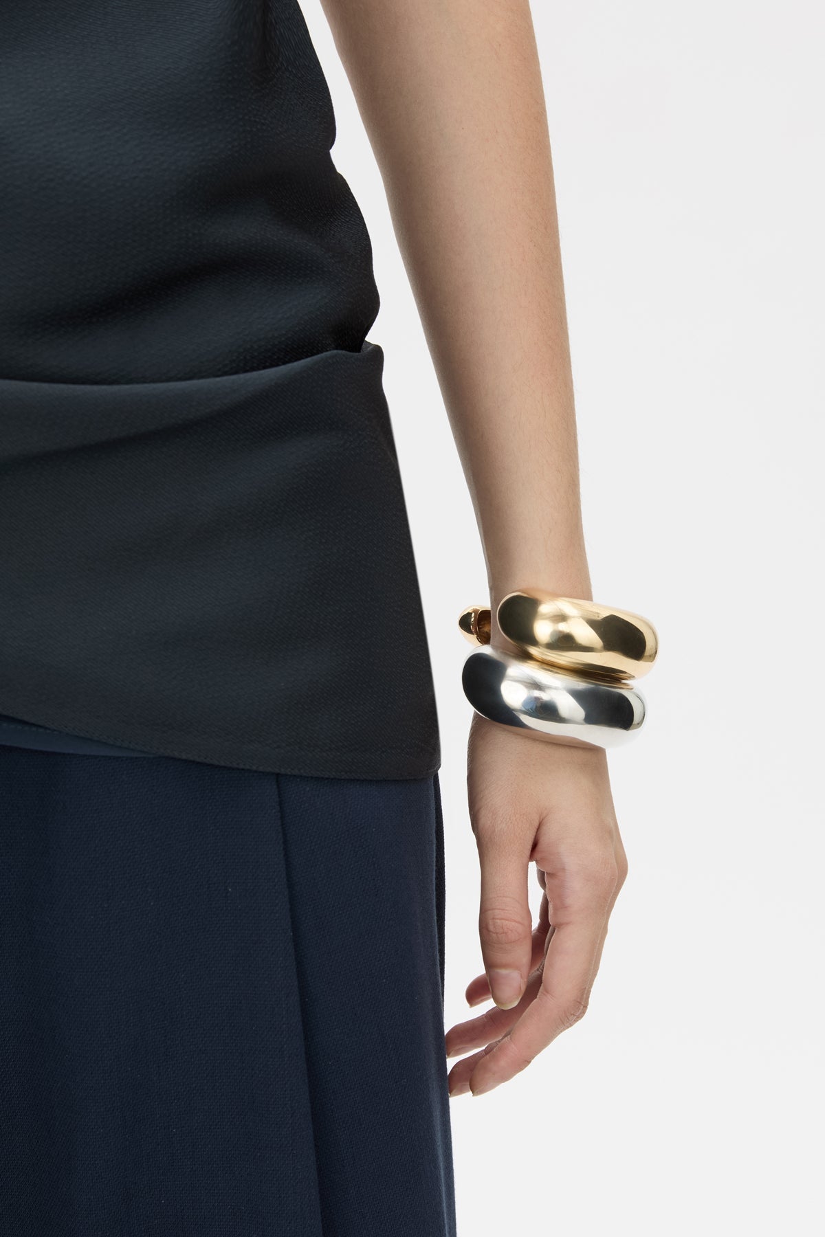 Front styled view CAMILLA AND MARC Koa Cuff in sculptural 18k gold plating.  