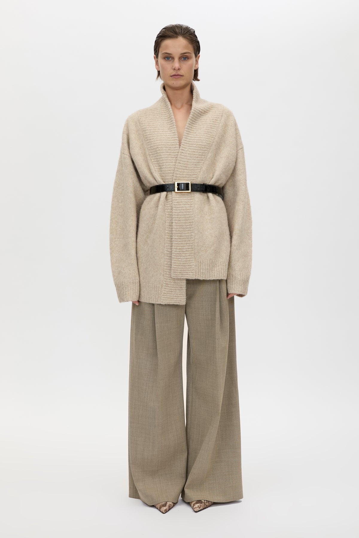 Front view CAMILLA AND MARC Leonie Knit Cardigan in Oatmeal Marle styled with the Halden Pant.