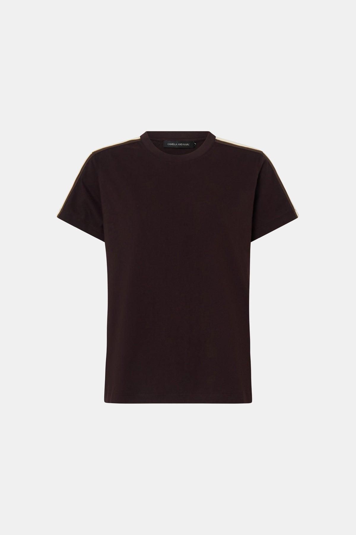 Ghost view CAMILLA AND MARC Locus Tee in Espresso with fitted baby‑tee silhouette and contrast stripe tape.  