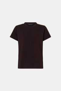 Ghost view CAMILLA AND MARC Locus Tee in Espresso with fitted baby‑tee silhouette and contrast stripe tape.  