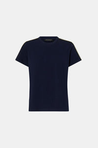 Ghost view CAMILLA AND MARC Locus Tee in Navy with fitted baby‑tee silhouette and contrast stripe tape.  