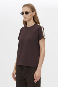 Cropped view CAMILLA AND MARC Locus Tee in Espresso with fitted baby‑tee silhouette and contrast stripe tape.  