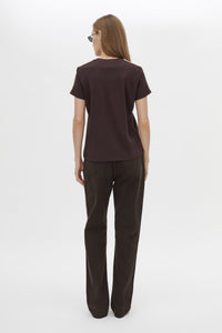 Back view CAMILLA AND MARC Locus Tee in Espresso with fitted baby‑tee silhouette and contrast stripe tape.  