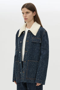 Cropped view CAMILLA AND MARC Luca Denim Utility Jacket in Indigo Neps with a detachable shearling collar.