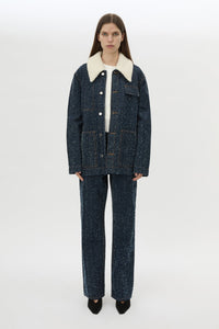 Front view CAMILLA AND MARC Luca Denim Utility Jacket in Indigo Neps with a detachable shearling collar.