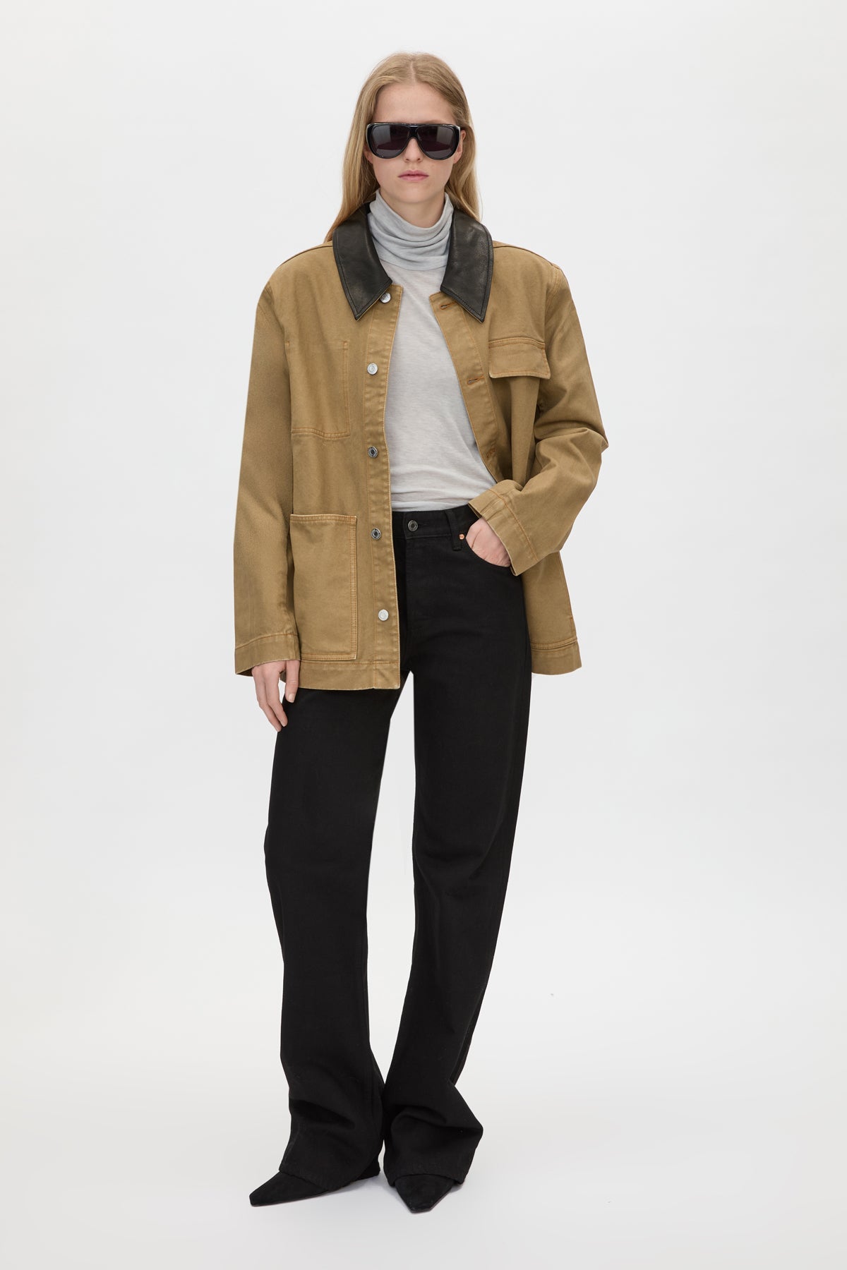 Front view CAMILLA AND MARC Luca Utility Jacket in Camel Brown with a contrast leather collar.