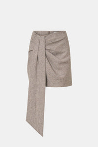 Ghost view CAMILLA AND MARC Malik high-waisted mini skirt in tan herringbone with front seam tuck.