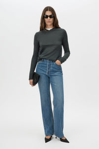 Front Styled View CAMILLA AND MARC Manuela Denim Jean in classic blue, high waisted straight leg jean.
