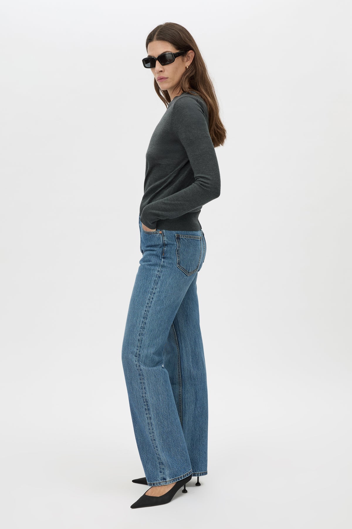 Side View CAMILLA AND MARC Manuela Denim Jean in classic blue, high waisted straight leg jean.