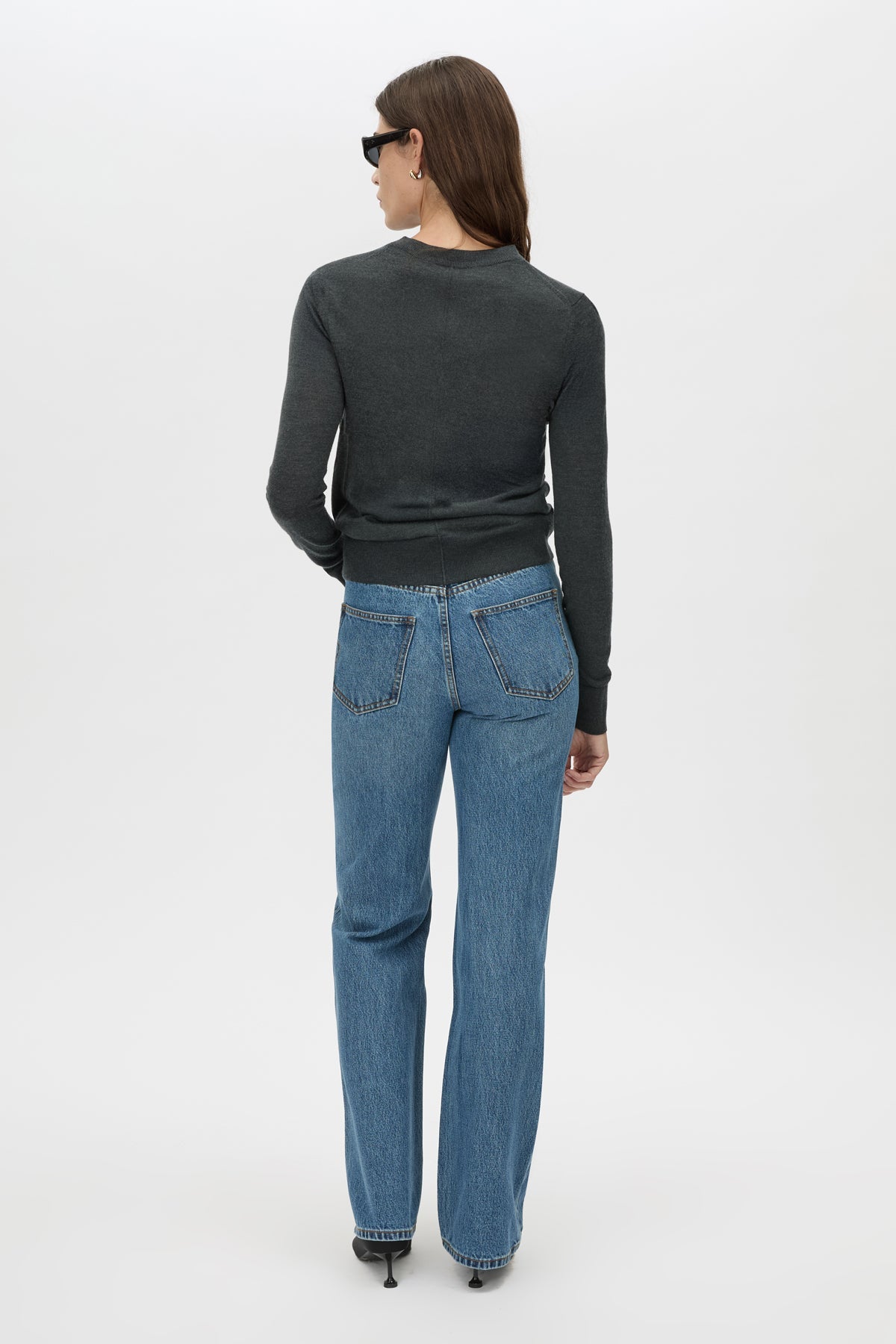 Back View CAMILLA AND MARC Manuela Denim Jean in classic blue, high waisted straight leg jean.