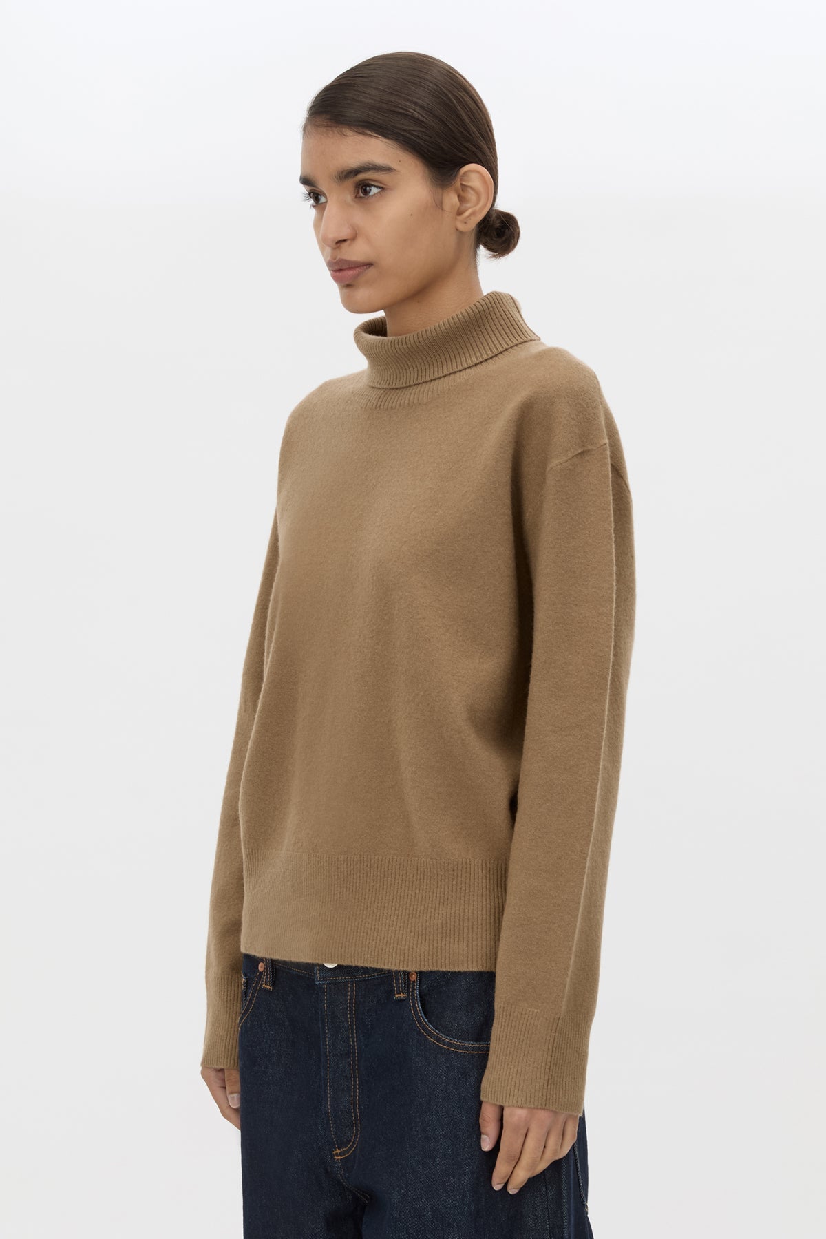 Cropped view CAMILLA AND MARC Margot Turtleneck Knit Sweater in Cinnamon with ribbed collar and hems.