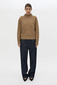 Front styled view CAMILLA AND MARC Margot Turtleneck Knit Sweater in Cinnamon with ribbed collar and hems.