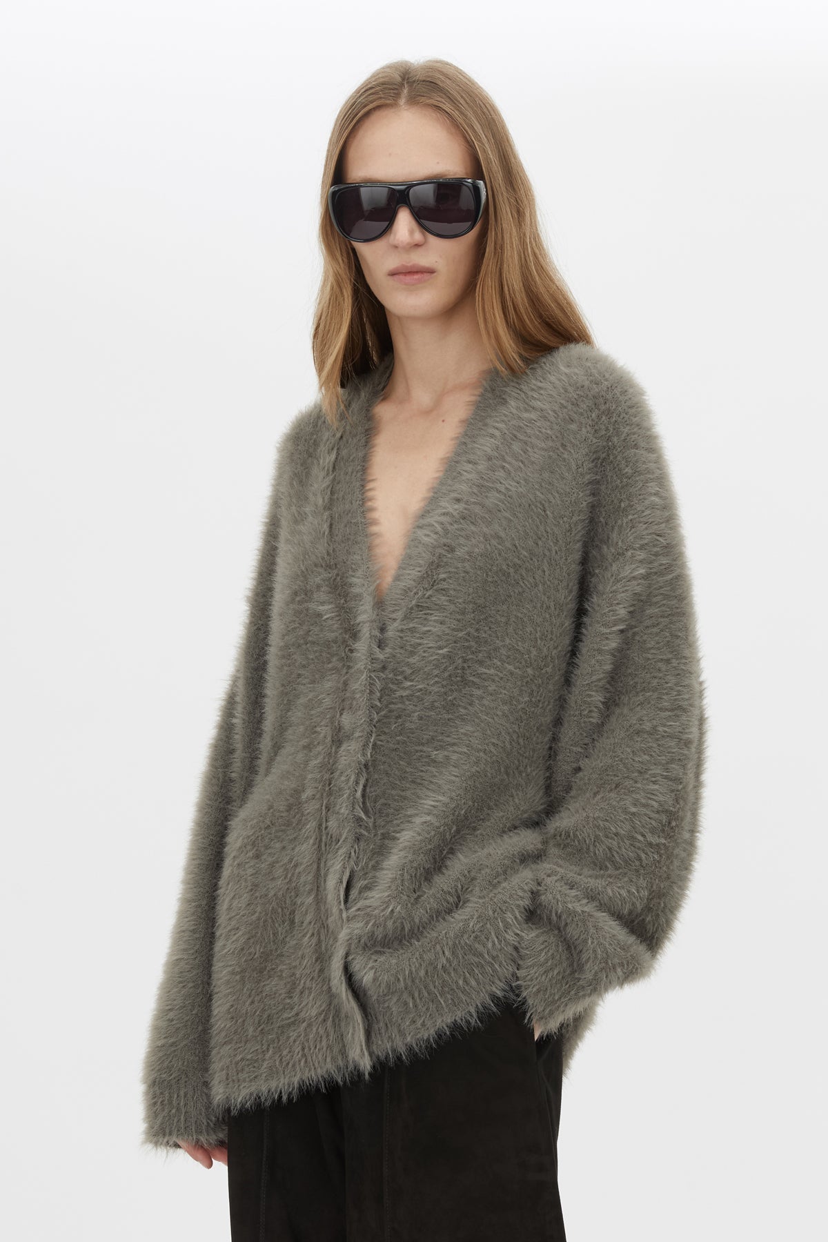 Close up View CAMILLA AND MARC Martine Knit Cardigan in smokey grey with an oversized fit.