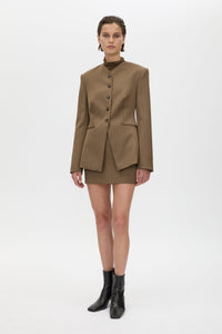 Front view CAMILLA AND MARC Maxim Tailored Mini Skirt in Cinnamon Brown, styled with the Maxim Blazer.
