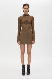 Front view CAMILLA AND MARC Maxim Tailored Mini Skirt in Cinnamon Brown, featuring a wool‑blend pinstripe fabrication.