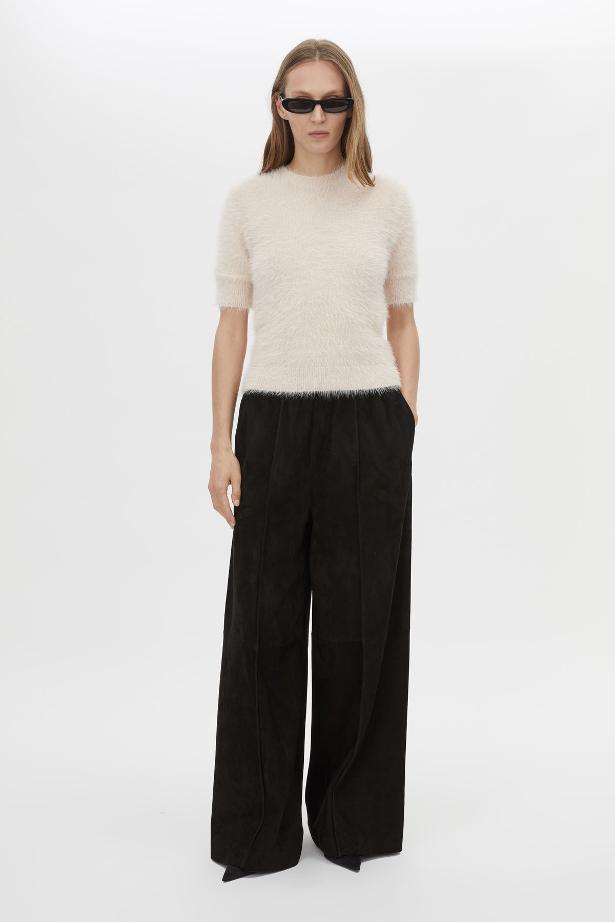Front View CAMILLA AND MARC Maxime Knit Top in powder pink with a slim fit and knit fabric.