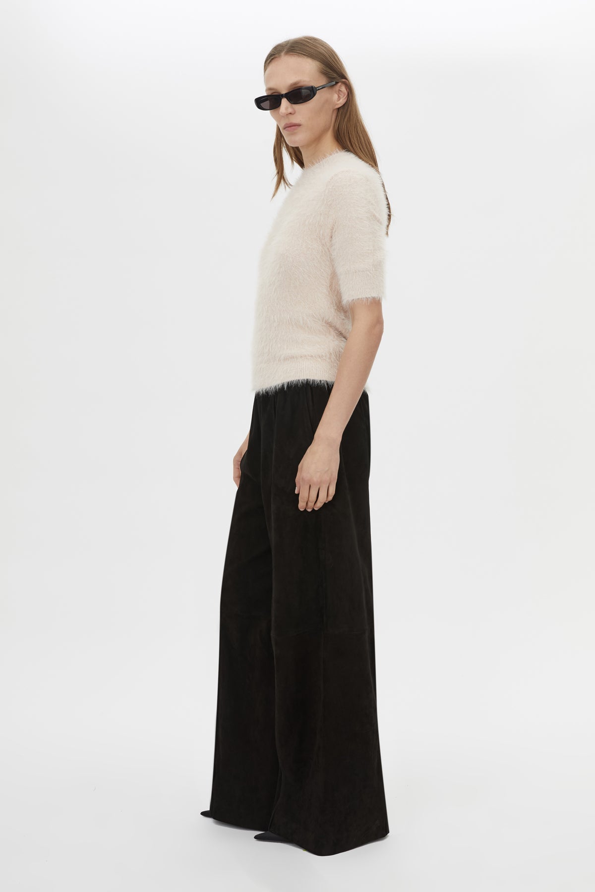 Side View CAMILLA AND MARC Maxime Knit Top in powder pink with a slim fit and knit fabric.