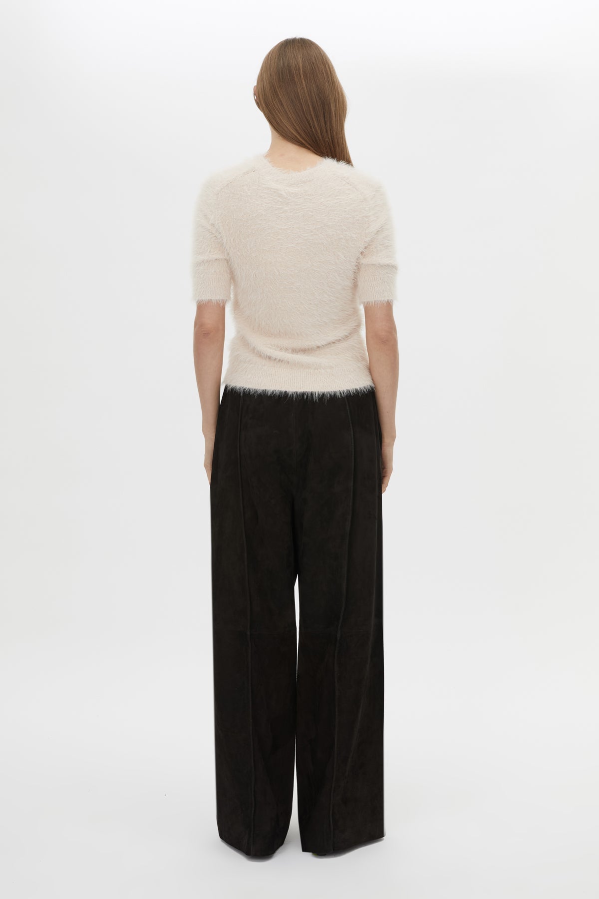 Back View CAMILLA AND MARC Maxime Knit Top in powder pink with a slim fit and knit fabric.