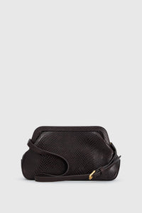 Back view CAMILLA AND MARC Mette Mini Snake Bag in chocolate snake‑textured leather.