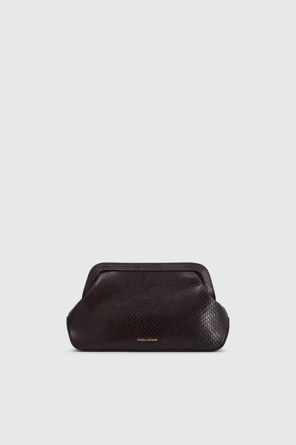 Ghost view CAMILLA AND MARC Mette Mini Snake Bag in chocolate snake‑textured leather.