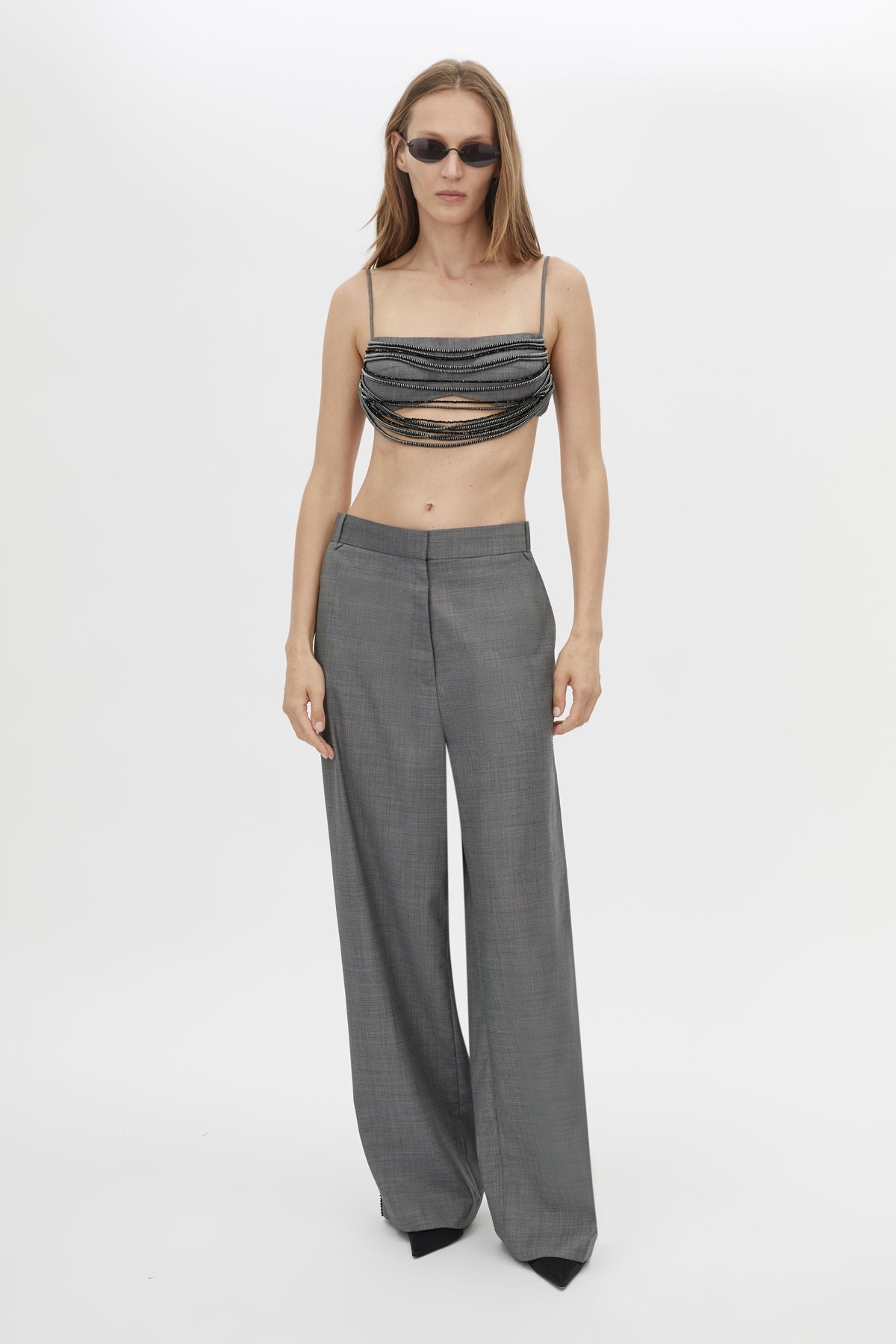 Front view CAMILLA AND MARC Meyer Beaded Top in Charcoal with a cropped silhouette and draped bust beading.