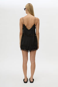 Back view CAMILLA AND MARC Mirage Lace Trim Short in Black, featuring a satin fabrication, and elastic waistband.