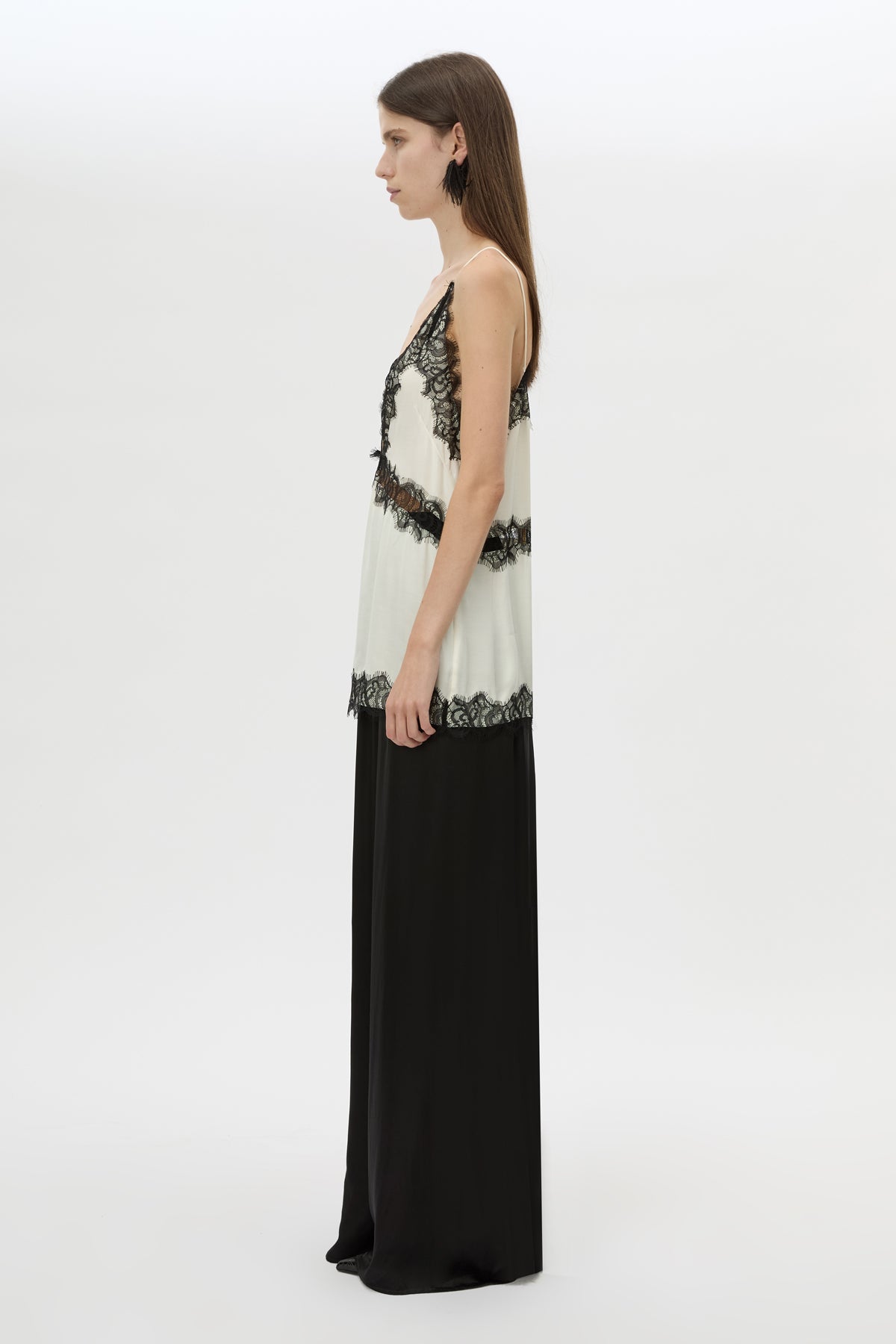 Side view CAMILLA AND MARC Mirage Lounge Pant in Black, featuring high lustre satin, and a relaxed fit.