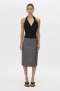Front view CAMILLA AND MARC Myro Bodysuit in black with a knotted wrap cowl neckline.