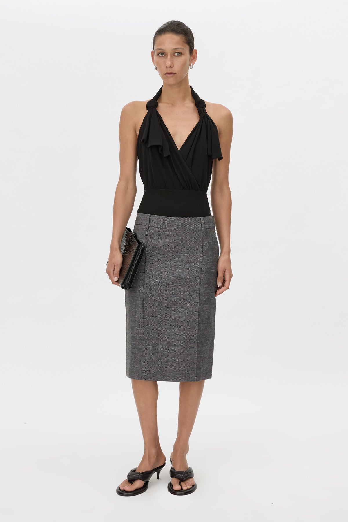 Front-styled view CAMILLA AND MARC Myro Bodysuit in black with a knotted wrap cowl neckline.