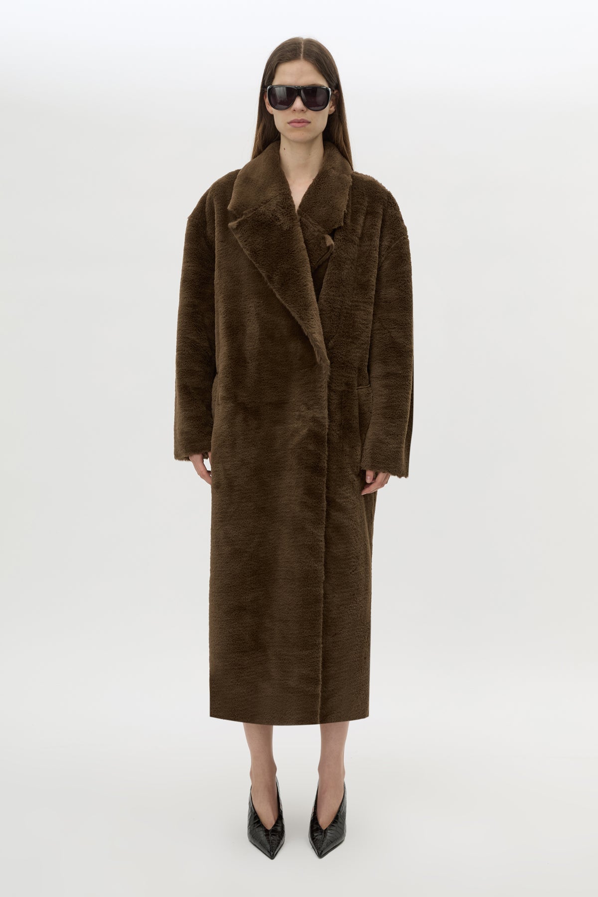 Front view CAMILLA AND MARC Nala Furry Coat in Truffle styled with the Rhys Croc Pump.