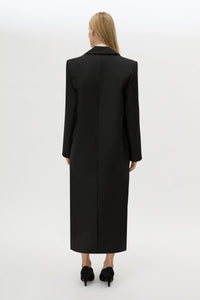 Back view CAMILLA AND MARC Natalini Coat in Black with contrast satin shawl collar.