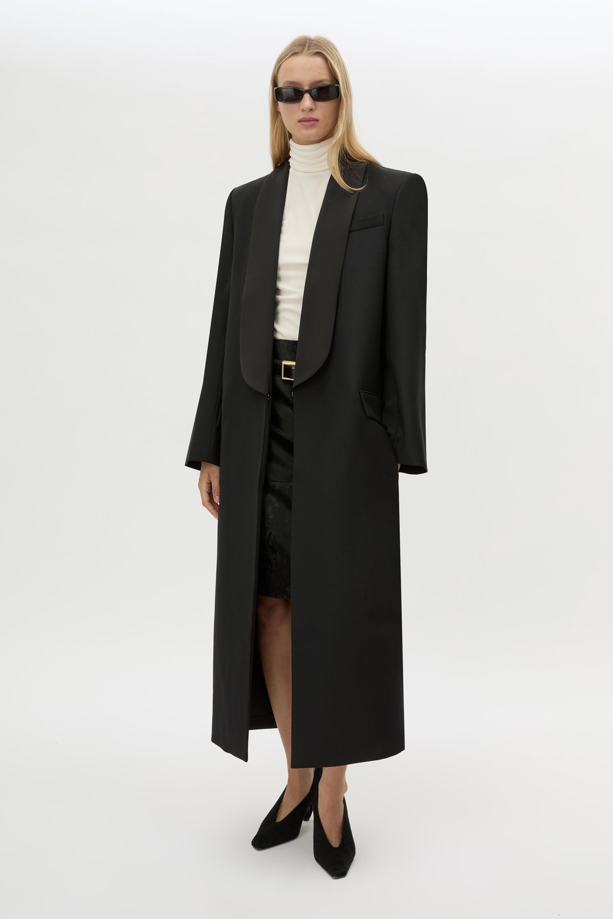 Front view CAMILLA AND MARC Natalini Coat in Black with contrast satin shawl collar.