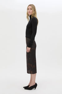Side view CAMILLA AND MARC Nieve Sheer Printed Midi Skirt in Black Chocolate print with silk stretch fabrication.