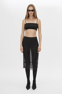 Front styled view CAMILLA AND MARC Noe Bandeau Top in Black with a sheer silk‑blend finish.