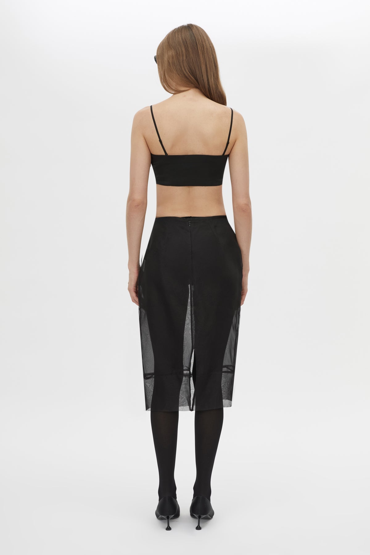 Back view CAMILLA AND MARC Noe Bandeau Top in Black with a sheer silk‑blend finish.