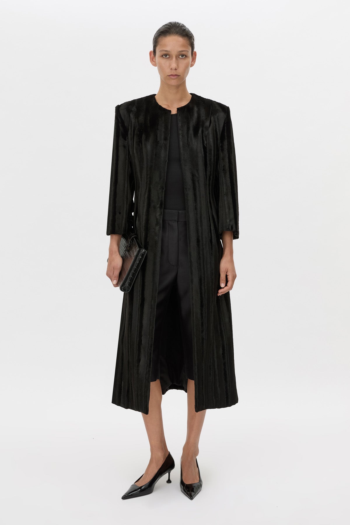 Front-styled view CAMILLA AND MARC Nyra Fitted Coat in black velvet with three‑quarter length wide sleeves.